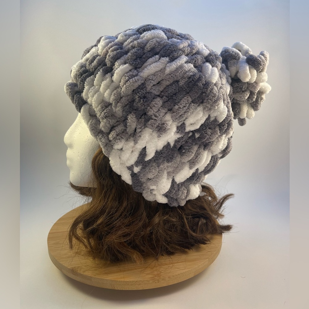 Handmade Women’s/Junior’s Winter Hat With Loopy Pom-Pom - Gray & White - Picture 5 of 9